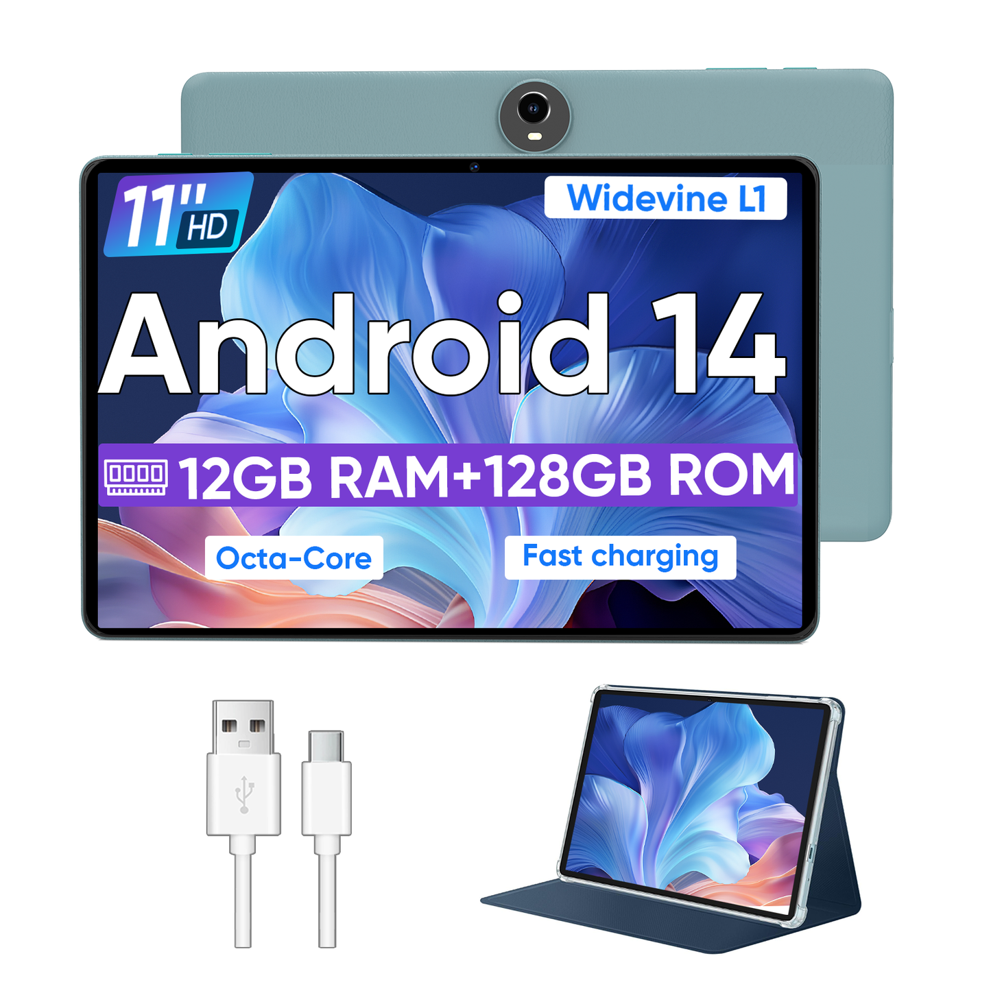 Android 14 Tablet 11 Inch Tablets, Octa Core Unisoc T606 Android Tablet, 12GB RAM + 128GB ROM, Widevine L1, 8000mAh Battery, WiFi/GPS Tablet PC - Blue