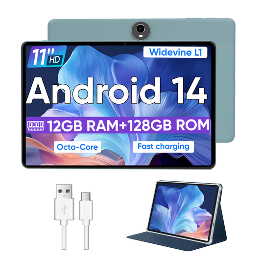 Android 14 Tablet 11 Inch Tablets, Octa Core Unisoc T606 Android Tablet, 12GB RAM + 128GB ROM, Widevine L1, 8000mAh Battery, WiFi/GPS Tablet PC - Blue