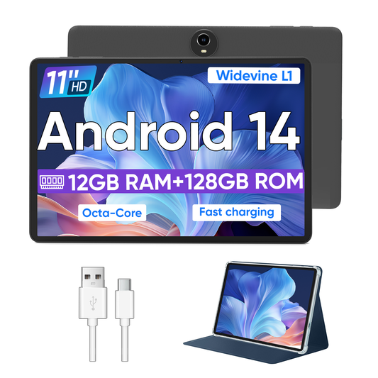 Android 14 Tablet 11 Inch Tablets, Octa Core Unisoc T606 Android Tablet, 12GB RAM + 128GB ROM, Widevine L1, 8000mAh Battery, WiFi/GPS Tablet PC - Black