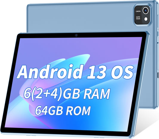 Android 13 Tablet, 6GB (2+4) RAM 64GB ROM, Quad-Core Processor, Dual Camera, WiFi, Bluetooth, 1TB Expand, GMS Certified Tablet - Blue