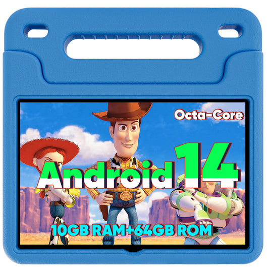 Kids Tablet, Android 14 Tablet for Kids 10.1 inch, 2024 Newest Toddler Tablet Octa-Core 64GB 1TB Expandable,Children's Tablet with Case, Support Parental Control / Dual Camera / Dual Band WiFi - Blue